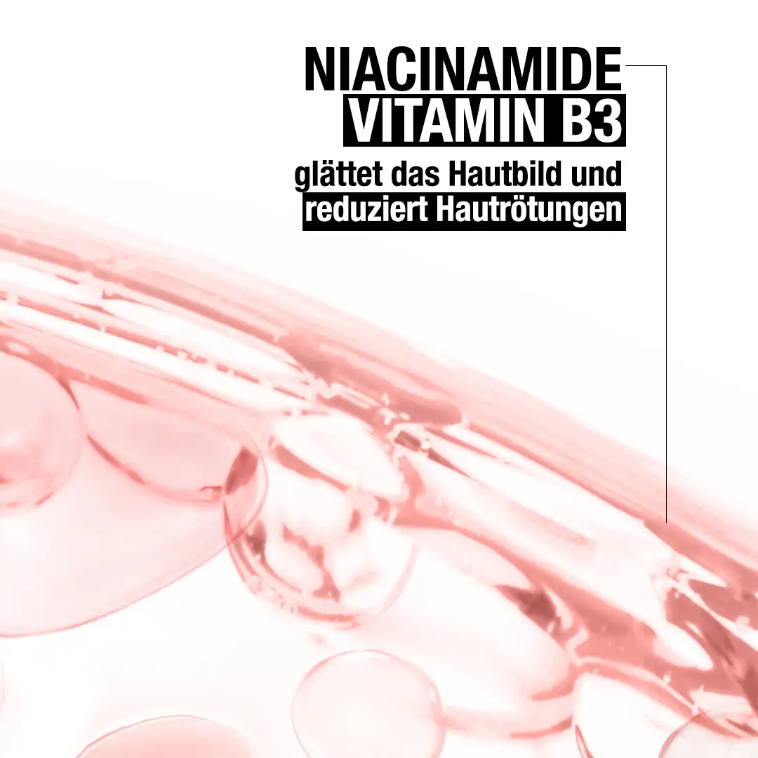 Niacinamide Vitamin B3 glättet das Hautbild und reduziert Hautrötungen. 