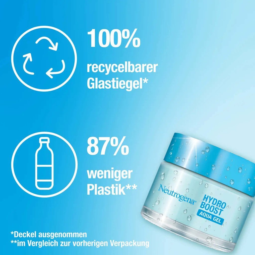 Aqua Gel: 100% recyclebarer Glastiegel (Deckel ausgenommen) und 87% weniger Plastik